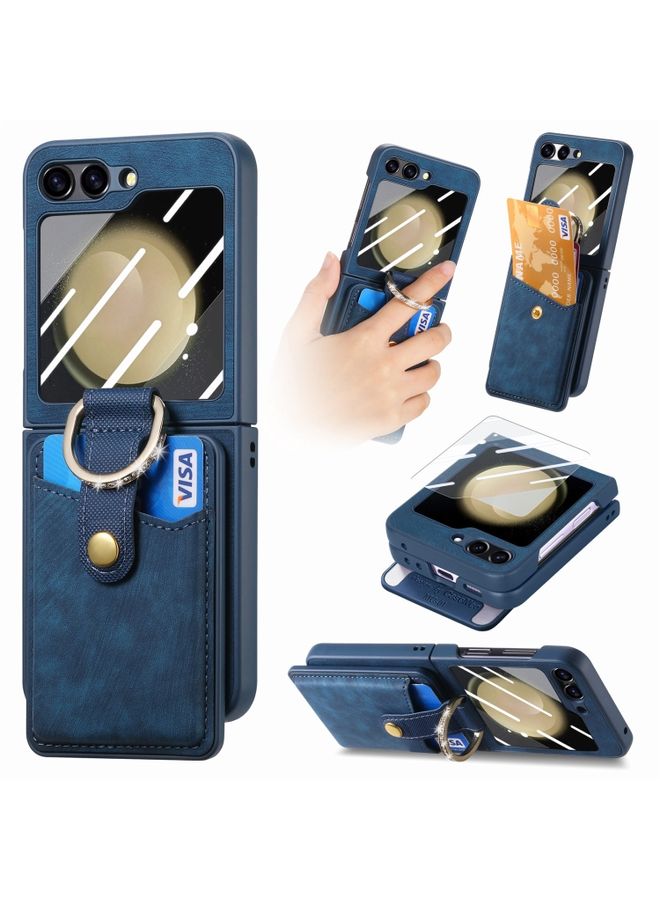 Case Cover For Samsung Galaxy Z Flip5 5G Integrated Magnetic Card Wallet Diamond-encrusted Ring Phone Case (Blue)