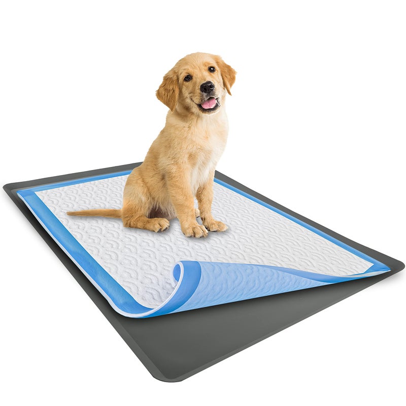 TidyFriend Dog Pee Pad Holder Tray Fits for 28 x 34 Wee Wee Pee Pads Stable Grip Raised Edges QuickWipe Silicone Surface Dog Potty Tray Holder for Indoor Flooring Protection Grey
