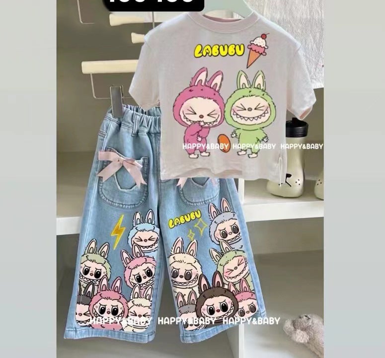 Cross-border Childrens Wear 2024 Summer New Girls Sweet Cartoon Printed T-Shirt Top Baby Jeans suit 2683 # Top + jeans - Image 1