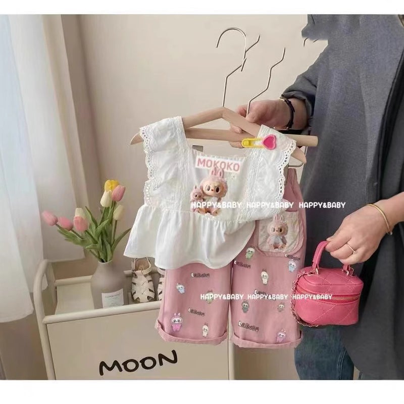 Cross-border Childrens Wear 2024 Summer New Girls Sweet Cartoon Printed T-Shirt Top Baby Jeans suit 2683 # Top + jeans - Image 4