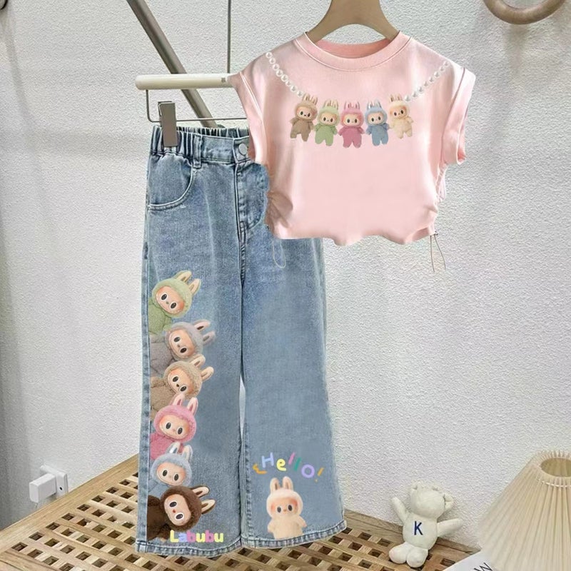 Cross-border Childrens Wear 2024 Summer New Girls Sweet Cartoon Printed T-Shirt Top Baby Jeans suit 2683 # Top + jeans - Image 2