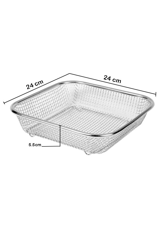 Stainless Steel Colander 24 cm – Rectangle Mesh Basket Design with 4 Corners, Large Capacity, Ideal for Straining and Rinsing Vegetables, Pasta, and Fruits