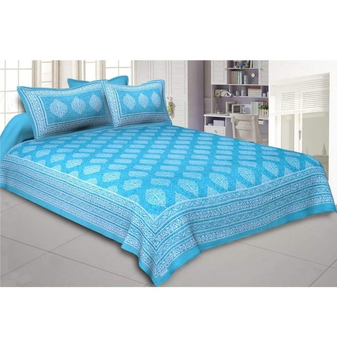 QUEEN SIZE DOUBLE BED SHEET WITH PILLOW COVERS PURE COTTON JAIPURI PRINTED BEDCOVER SEA BLUE