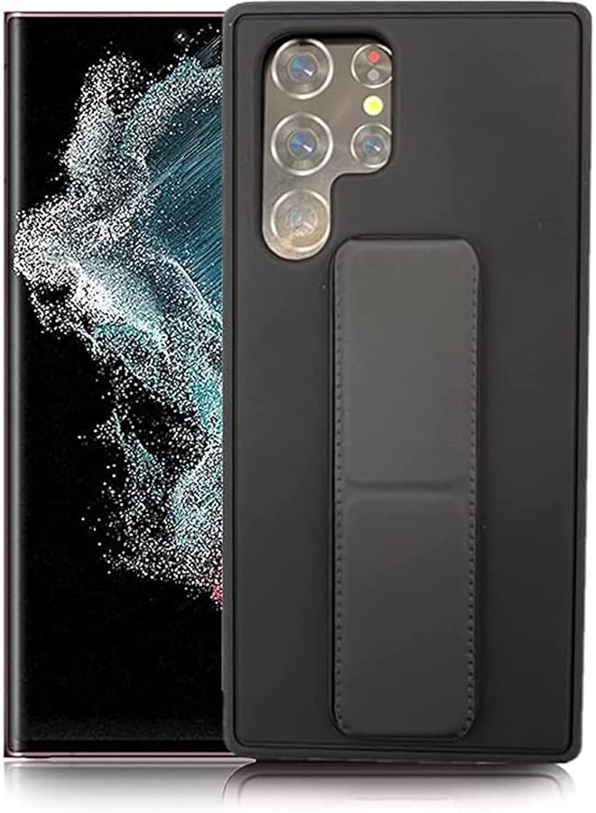 S-TOP Samsung Galaxy S22 Ultra Mobile Case With Magnetic Stand And Holder Hand Strap Grip Premium Silicone Magnetic Car Mount Cover Foldable Kickstand Case Finger Grip Cover Black Color