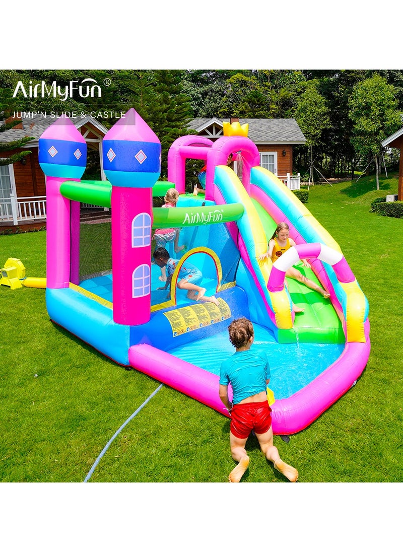 AirMyFun - AirMyFun Inflatable Water slide Pink Princess Bounce House for Big Kids 8-12 with Long Slide and Spray Water Gun for Kids Backyard Inflatable Bouncy Castle - Image 1