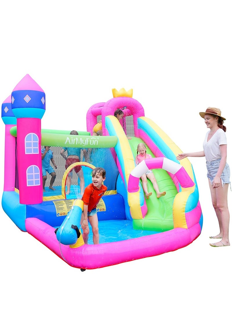 AirMyFun - AirMyFun Inflatable Water slide Pink Princess Bounce House for Big Kids 8-12 with Long Slide and Spray Water Gun for Kids Backyard Inflatable Bouncy Castle - Image 1