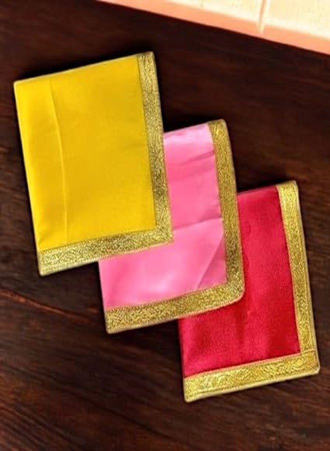 RMCG Traders Satin Cloth for Puja, Pooja Mandir Decoration, Chowki Aasan, Home Temple (30x30) (Pink, Yellow, Red) - Set of 3 - Image 4