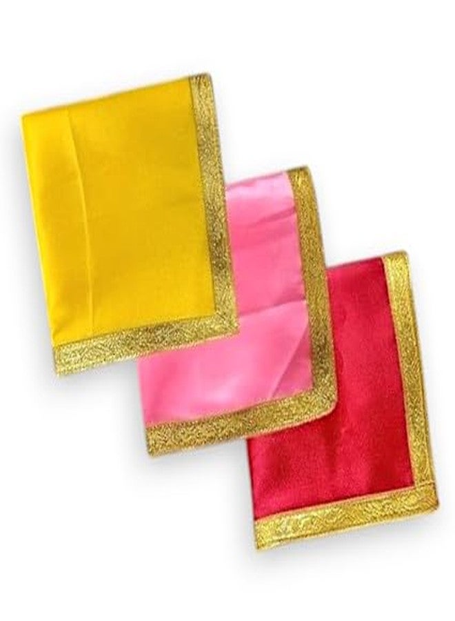 RMCG Traders Satin Cloth for Puja, Pooja Mandir Decoration, Chowki Aasan, Home Temple (30x30) (Pink, Yellow, Red) - Set of 3 - Image 1