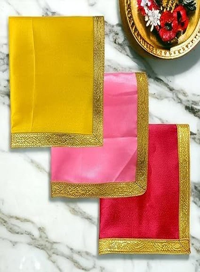 RMCG Traders Satin Cloth for Puja, Pooja Mandir Decoration, Chowki Aasan, Home Temple (30x30) (Pink, Yellow, Red) - Set of 3 - Image 3