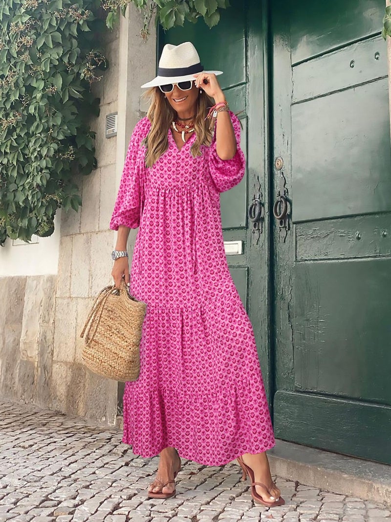 miduo Womens Dresses Beach Loose Autumn V Neck Short Half Sleeve Floral Pattern Bohemian Long Maxi Flowy Ankle Dresses M - Image 3