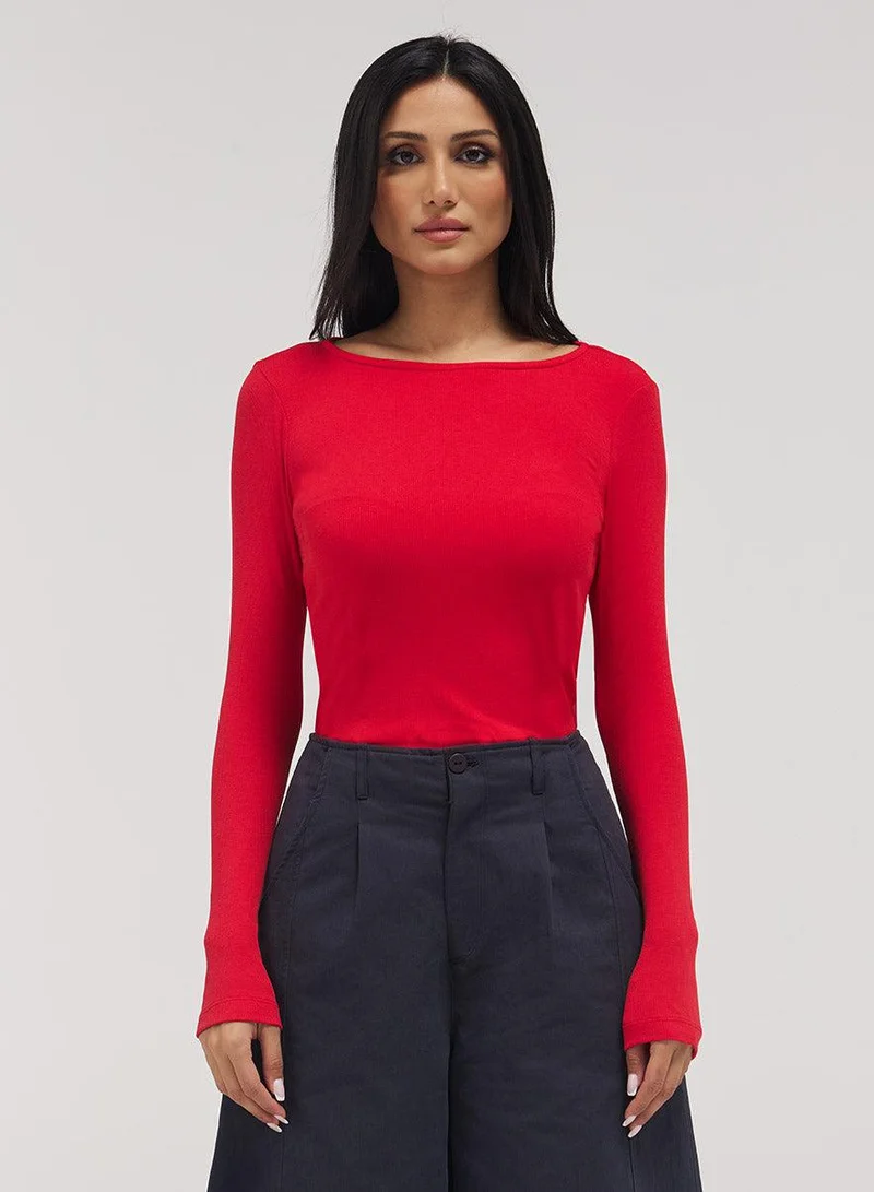 Zigzag Rib Long Sleeve Top - Red