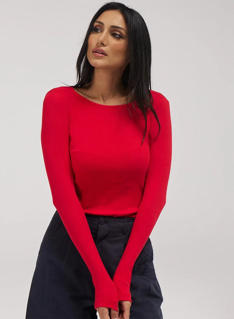 Zigzag Rib Long Sleeve Top - Red