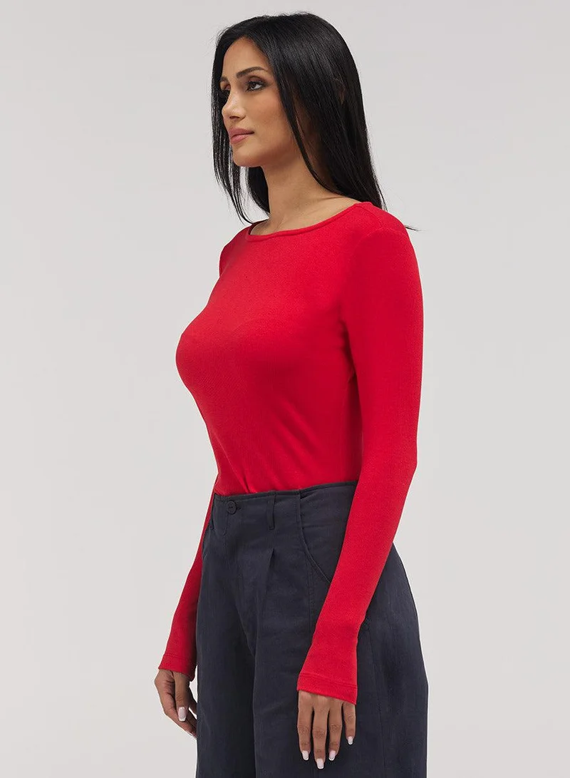 Zigzag Rib Long Sleeve Top - Red