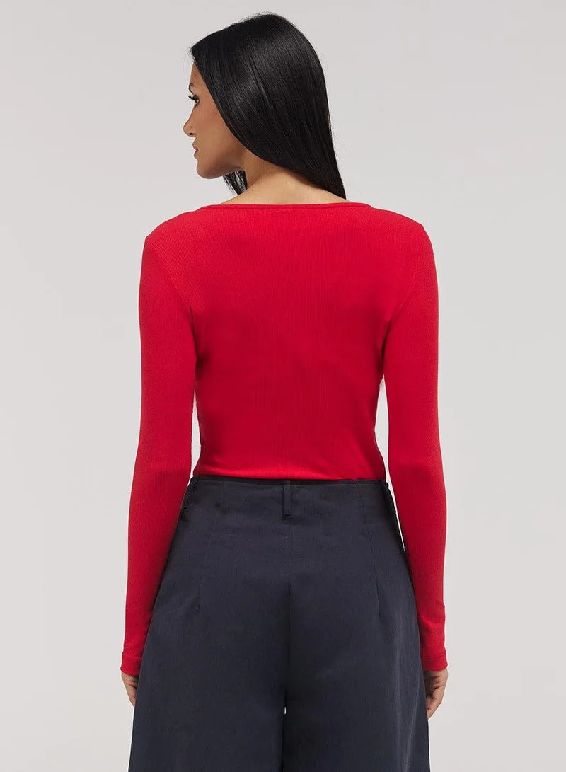 Zigzag Rib Long Sleeve Top - Red