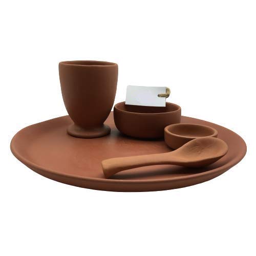 SHRIYAM CRAFT Terracotta Earthen Traditional Dinner Thali Set Plate Glass Bowls Including Pickle Bowl and Spoon Brown - Image 2