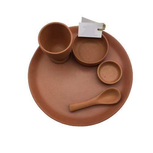 SHRIYAM CRAFT Terracotta Earthen Traditional Dinner Thali Set Plate Glass Bowls Including Pickle Bowl and Spoon Brown - Image 1