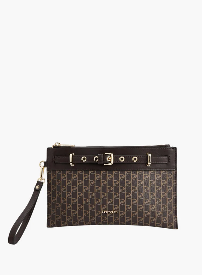 Paprika Women Monogram Print Clutch with Wristlet Strap and Zip Closure