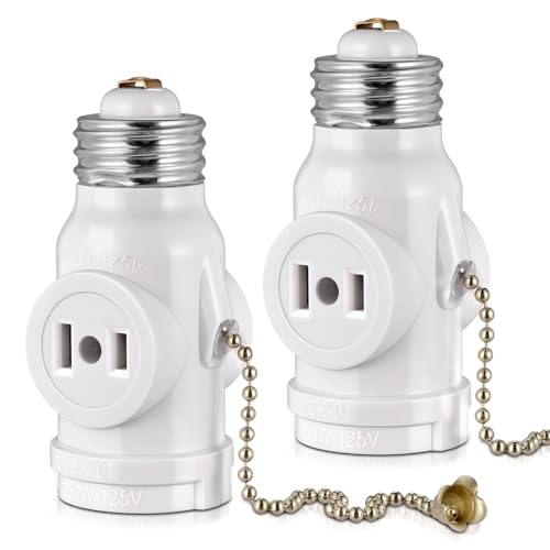 EMNOOTI 2-Pack E26 Light Socket Adapter - Converts Medium Screw Socket to Two Outlets With Pull Chain Switch - UL Listed, White - Image 1
