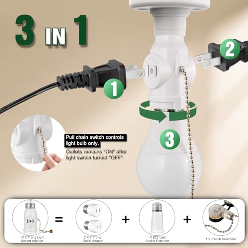 EMNOOTI 2-Pack E26 Light Socket Adapter - Converts Medium Screw Socket to Two Outlets With Pull Chain Switch - UL Listed, White - Image 3