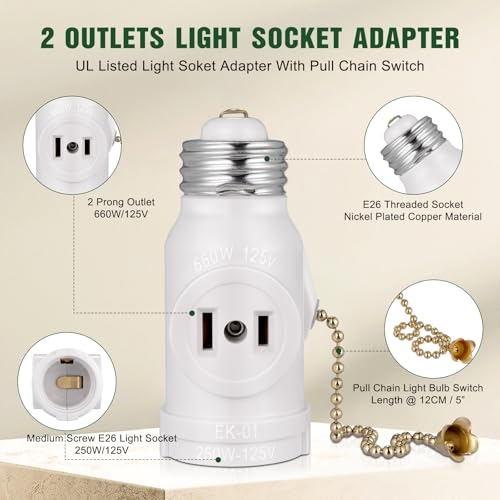 EMNOOTI 2-Pack E26 Light Socket Adapter - Converts Medium Screw Socket to Two Outlets With Pull Chain Switch - UL Listed, White - Image 5