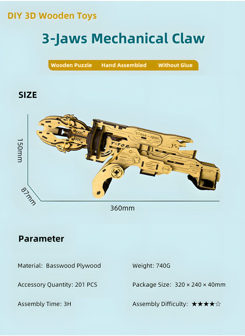 Generic - 3-Jaws Mechanical Claw - 3D Wooden Puzzle Model Kits for Teens and Adults - Brain Teaser Robot Arm Building Kits - Unique Toy Gifts for Ages 12 and Up, Fun and Challenging Build, Best Gift Ideas - Image 1