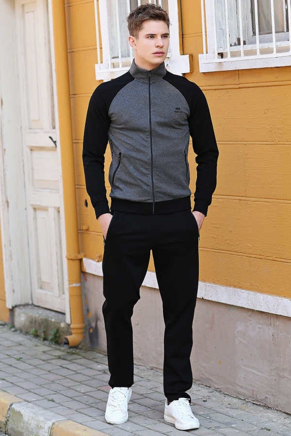 Tommy Life Collared Sleeve Garnished Anthracite-Black Men's Tracksuit  - Image 1