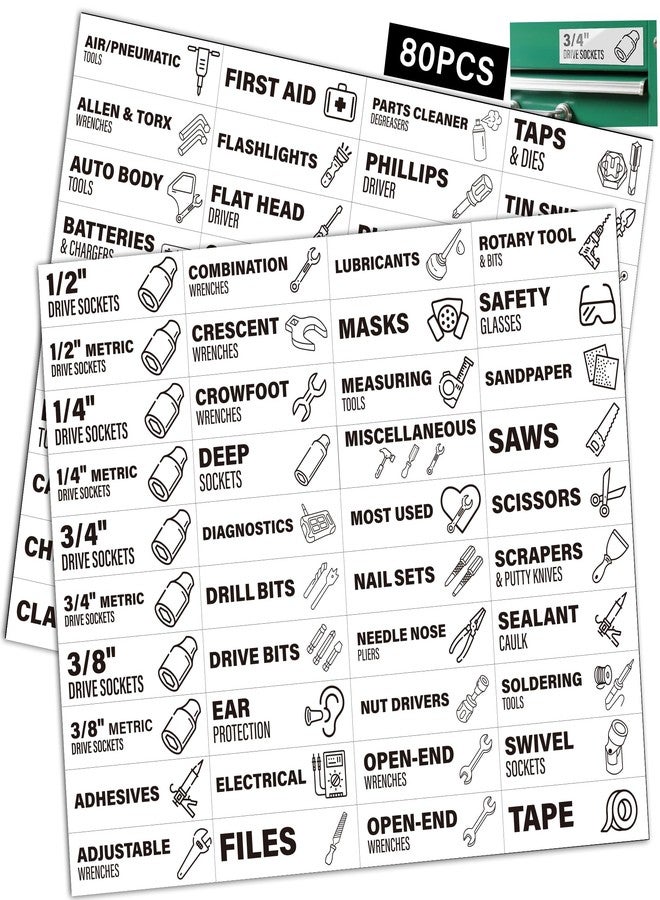EliteSign Magnetic Tool Drawer Labels, 80 Pcs Tool Chest Organizer with Icons, Strong Magnetic Backing, Fits All Brands of Steel Storage Drawers, White 3.1" x 1" - Image 1