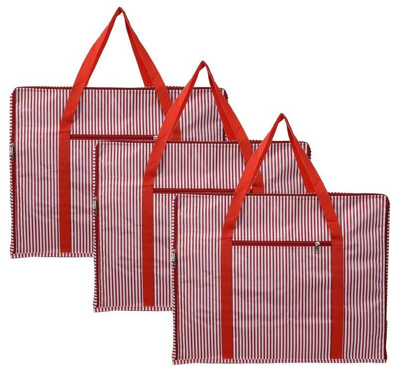 Kuber Industries Kuber Industries Lining Design Rexine 3 Piece Jumbo Underbed Moisture Proof Storage Bags for Clothes with Zipper Closure and Handle Red  - Image 1
