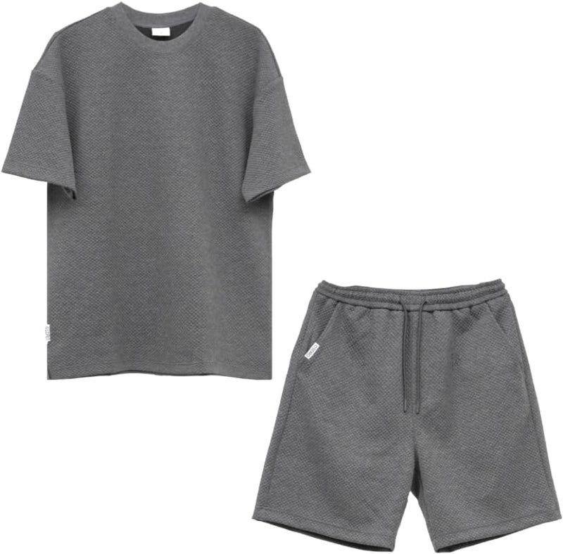 CEDRO طقم تي شيرت وشورتات جرافيك للرجال من سيدرو بحجم كبير باللون الرمادي - Image 1