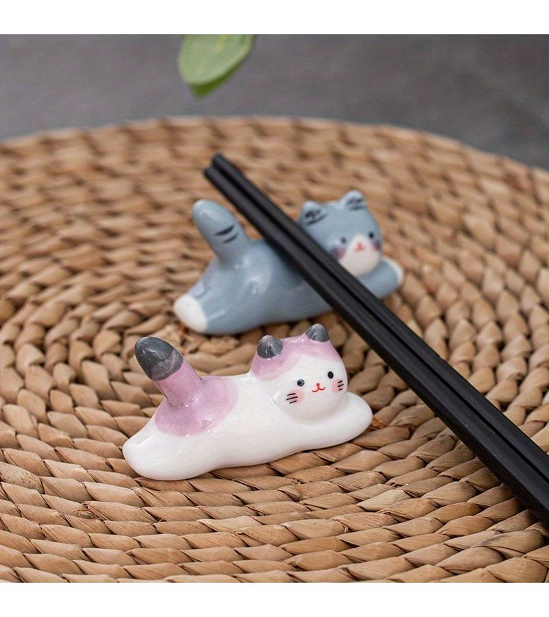 Yellow Ceramic Cat Chopstick Holder for Home Office Dining Decor - Image 2