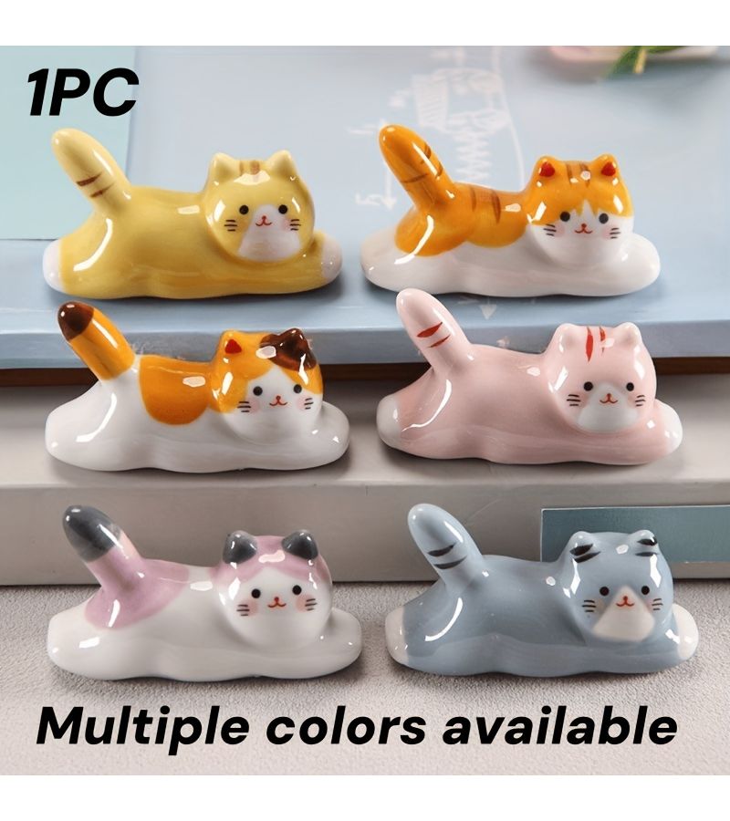 Yellow Ceramic Cat Chopstick Holder for Home Office Dining Decor - Image 1