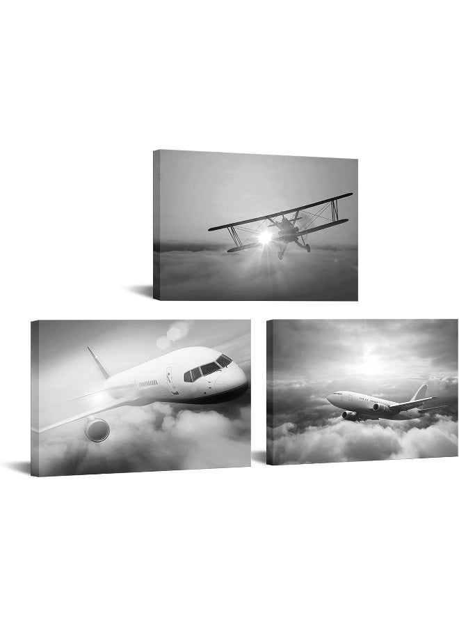 Home Trove Sechars 3 Piece Black And White Plane Wall Art Airplane During Sunset Pictures Photo Giclee Print On Canvas Modern Aircraft Wall Decor For Boy Bedroom Office Living Room Ready To Hang (Medium)  - Image 1