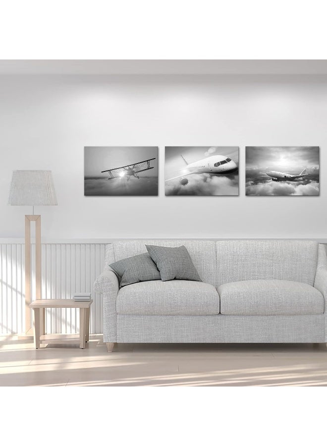 Home Trove Sechars 3 Piece Black And White Plane Wall Art Airplane During Sunset Pictures Photo Giclee Print On Canvas Modern Aircraft Wall Decor For Boy Bedroom Office Living Room Ready To Hang (Medium)  - Image 2