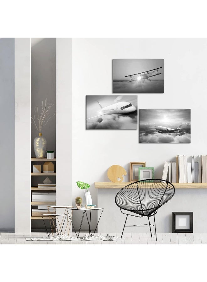 Home Trove Sechars 3 Piece Black And White Plane Wall Art Airplane During Sunset Pictures Photo Giclee Print On Canvas Modern Aircraft Wall Decor For Boy Bedroom Office Living Room Ready To Hang (Medium)  - Image 5