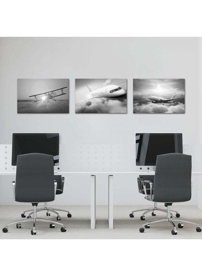 Home Trove Sechars 3 Piece Black And White Plane Wall Art Airplane During Sunset Pictures Photo Giclee Print On Canvas Modern Aircraft Wall Decor For Boy Bedroom Office Living Room Ready To Hang (Medium)  - Image 4