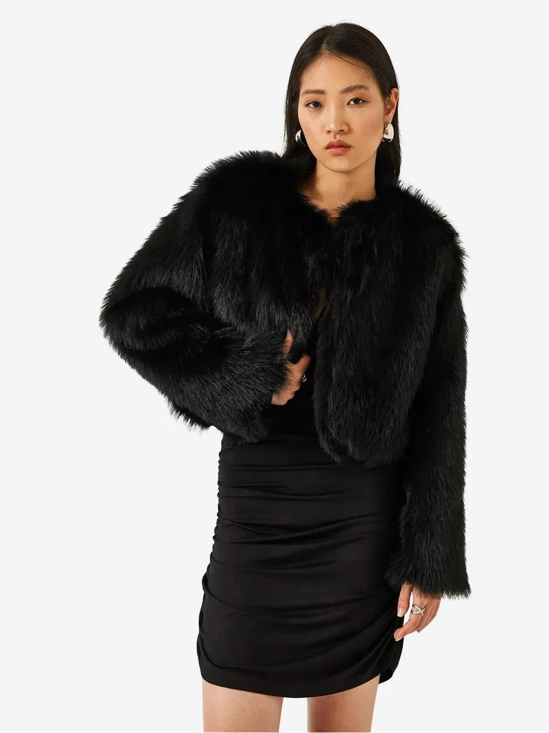 Bianco Lucci LUCCI Boxy Crop Faux Fur Coat