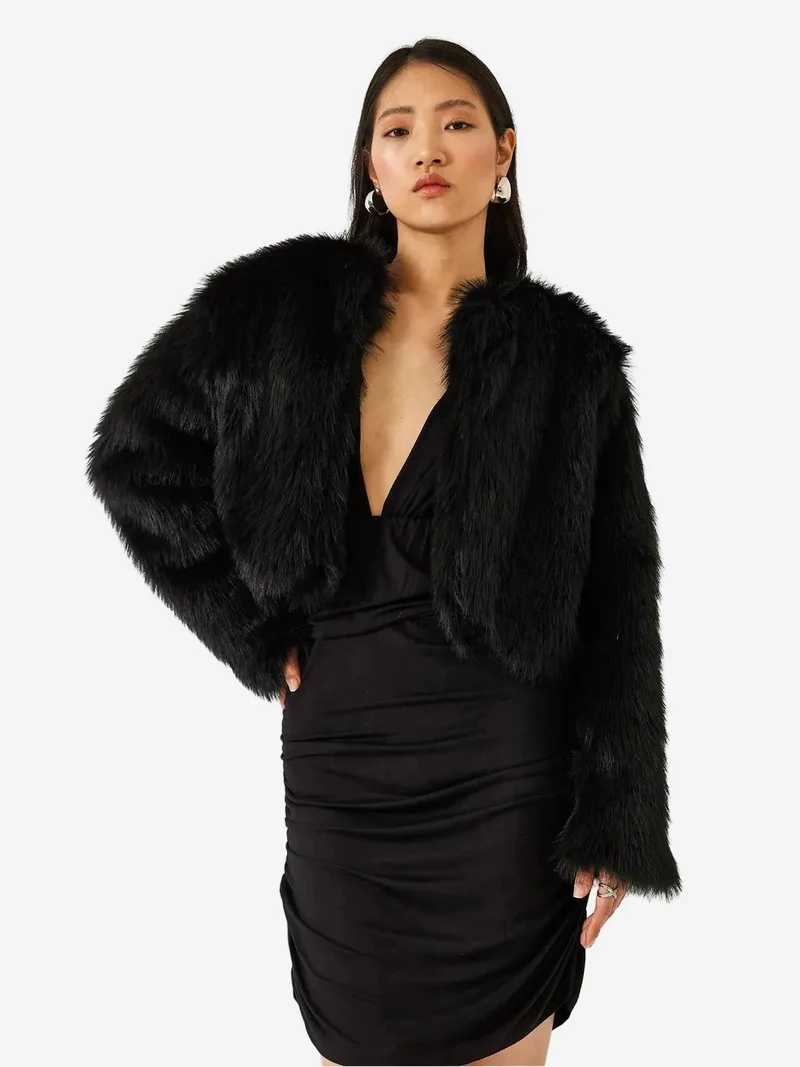 Bianco Lucci LUCCI Boxy Crop Faux Fur Coat