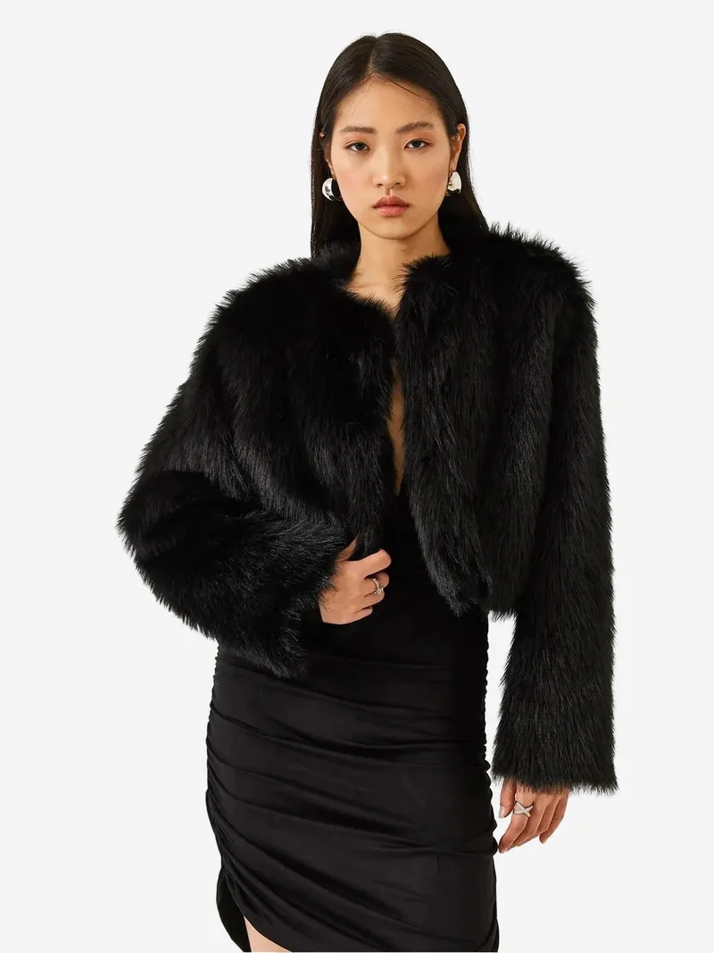 Bianco Lucci LUCCI Boxy Crop Faux Fur Coat