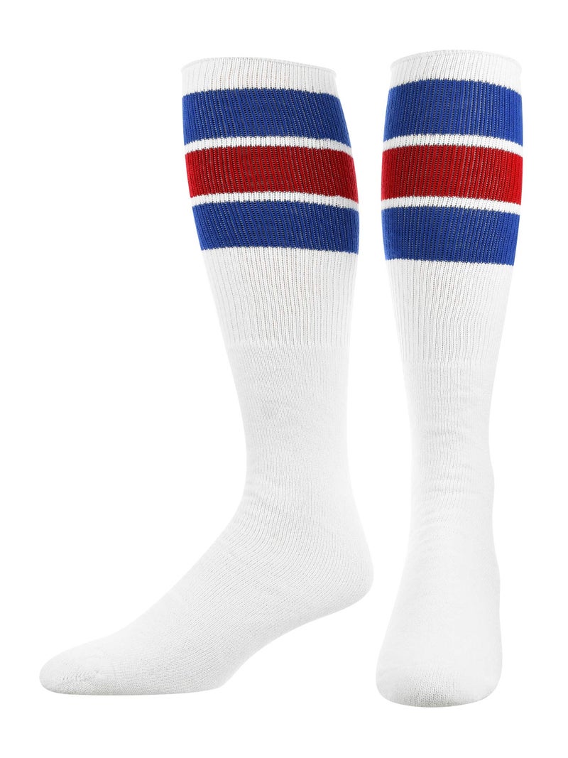 TCK Retro 3 Stripe Tube Socks (Royal/Red, Medium) - Image 1