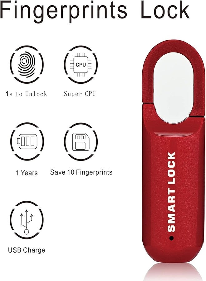 OLSIC Alloy Steel Mini Smart Fingerprint Lock Biometric USB Rechargeable Padlock Chip Anti-Theft,For Luggage Box Bag (RED) - Image 4