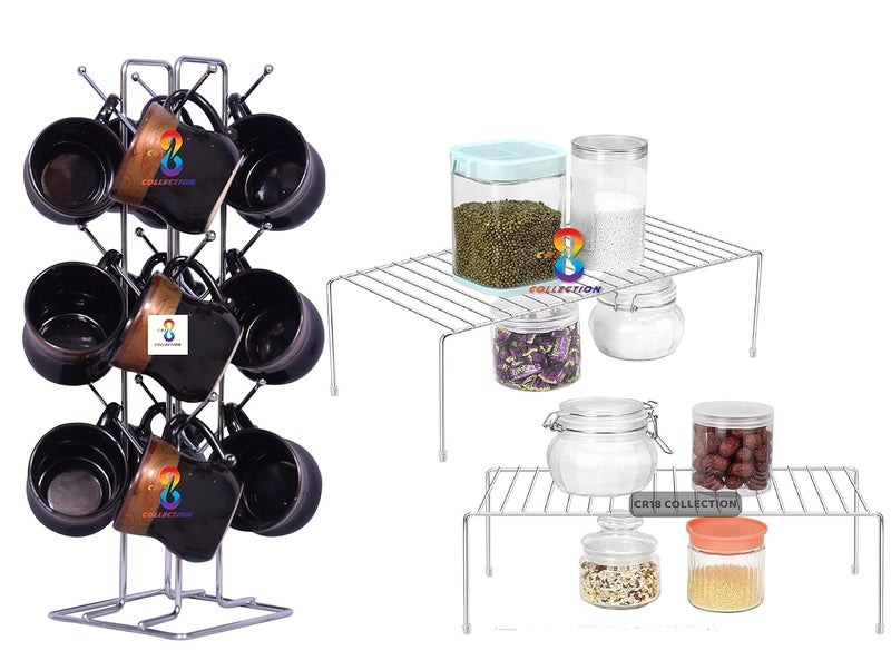 12FOR COLLECTION Combo Big Size Stainless Steel Cup Stand Coffee and Tea Mug Holder 12 Cup Holder and 2pcs Stainless Steel Kitchen Dish Rack Expandable Storage Shelves for Kitchen - Image 1