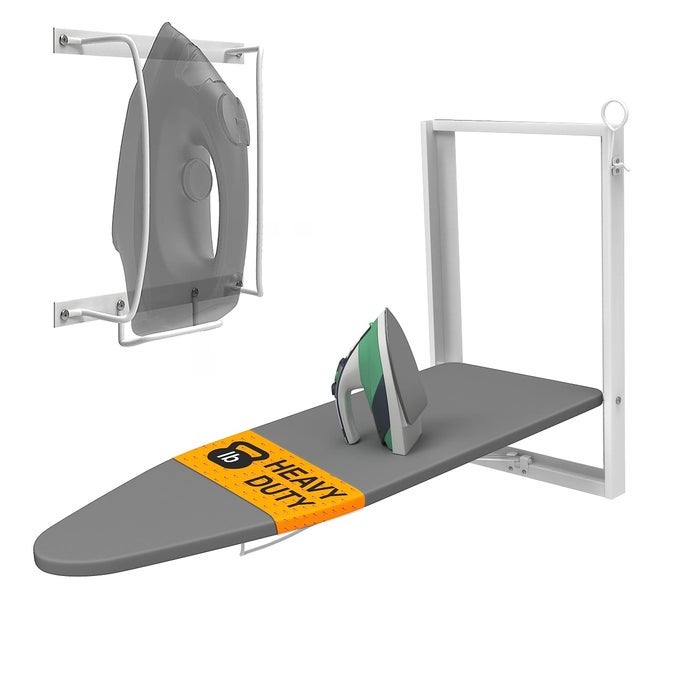 WALL MOUNTED IRONING BOARD WITH IRON HOLDER 362 X 122 COMPACT MOUNT FOLD DOWN IRON BOARD FOR SMALL SPACES SPACE SAVING WITH COTTON FABRIC COVER WHITE AND GREY