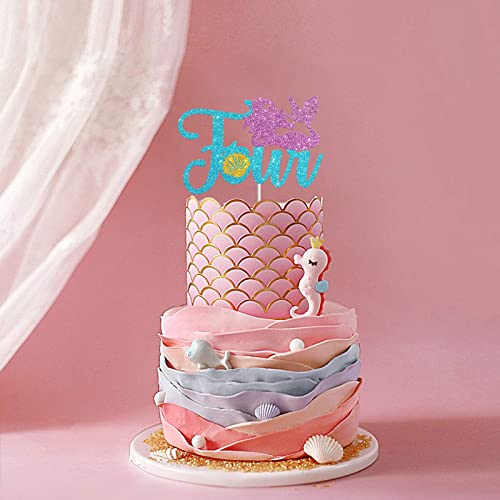 Festiko®Mermaid Four Cake Topper,Happy 4th Birthday Cake Decor,I'm Four Sign,Little Mermaid Birthday Party Decoration Supplies,Daughter of The Sea,Under The Sea Themed,Ocean Themed-Glitter - Image 5