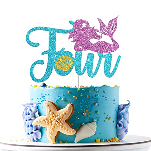 Festiko®Mermaid Four Cake Topper,Happy 4th Birthday Cake Decor,I'm Four Sign,Little Mermaid Birthday Party Decoration Supplies,Daughter of The Sea,Under The Sea Themed,Ocean Themed-Glitter - Image 1