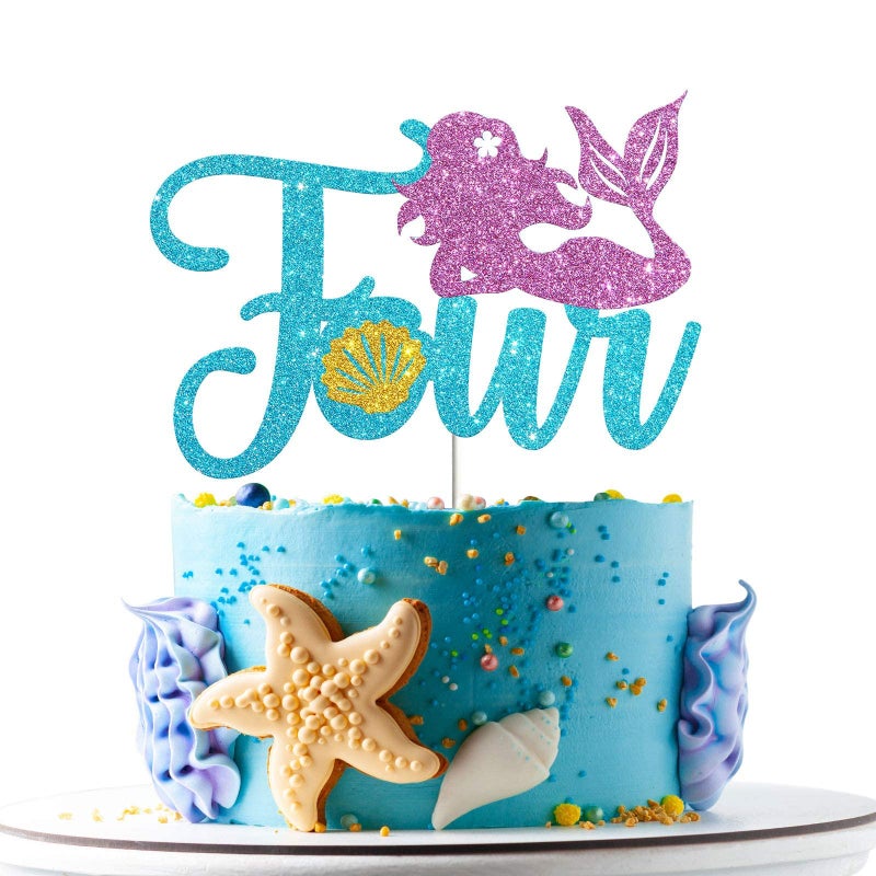 Festiko®Mermaid Four Cake Topper,Happy 4th Birthday Cake Decor,I'm Four Sign,Little Mermaid Birthday Party Decoration Supplies,Daughter of The Sea,Under The Sea Themed,Ocean Themed-Glitter - Image 4