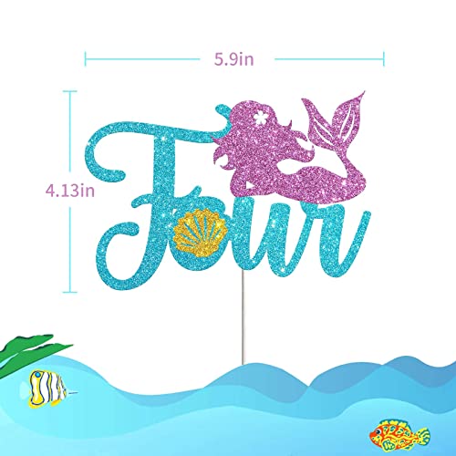 Festiko®Mermaid Four Cake Topper,Happy 4th Birthday Cake Decor,I'm Four Sign,Little Mermaid Birthday Party Decoration Supplies,Daughter of The Sea,Under The Sea Themed,Ocean Themed-Glitter - Image 2