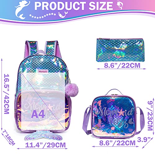 Meetbelify Kids Backpack for Gilrs School Mermaid Backpacks with Lunch Box for Elementary Kindergarten Cute 4 in 1 Bookbag for Girls - Image 2