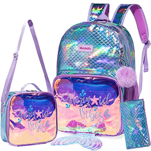 Meetbelify Kids Backpack for Gilrs School Mermaid Backpacks with Lunch Box for Elementary Kindergarten Cute 4 in 1 Bookbag for Girls - Image 1