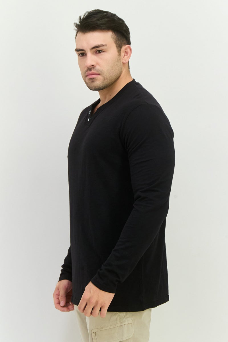 Blue Black Threads Men Henley Neck Heather Long Sleeves T-Shirts, Black  - Image 2