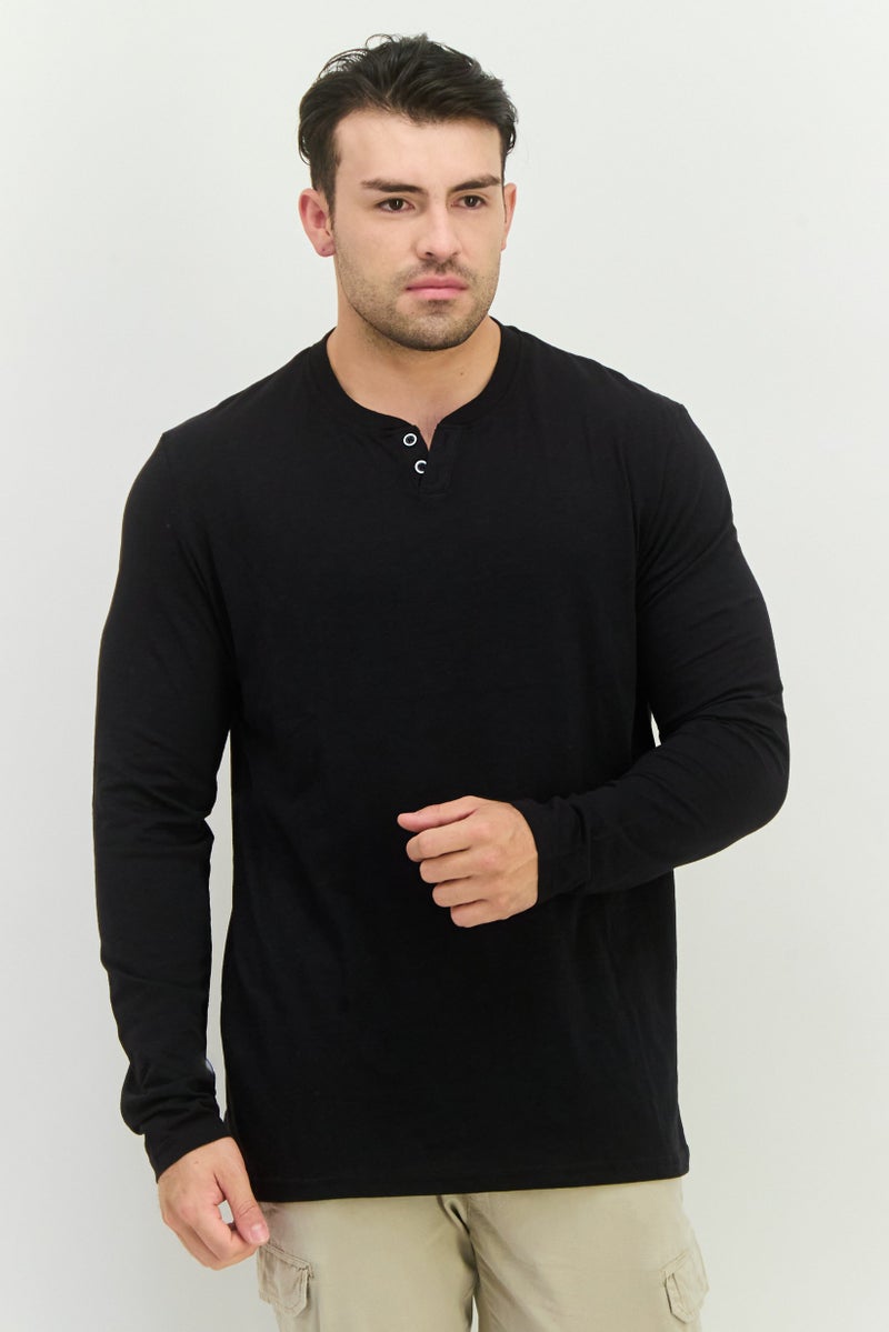 Blue Black Threads Men Henley Neck Heather Long Sleeves T-Shirts, Black  - Image 1
